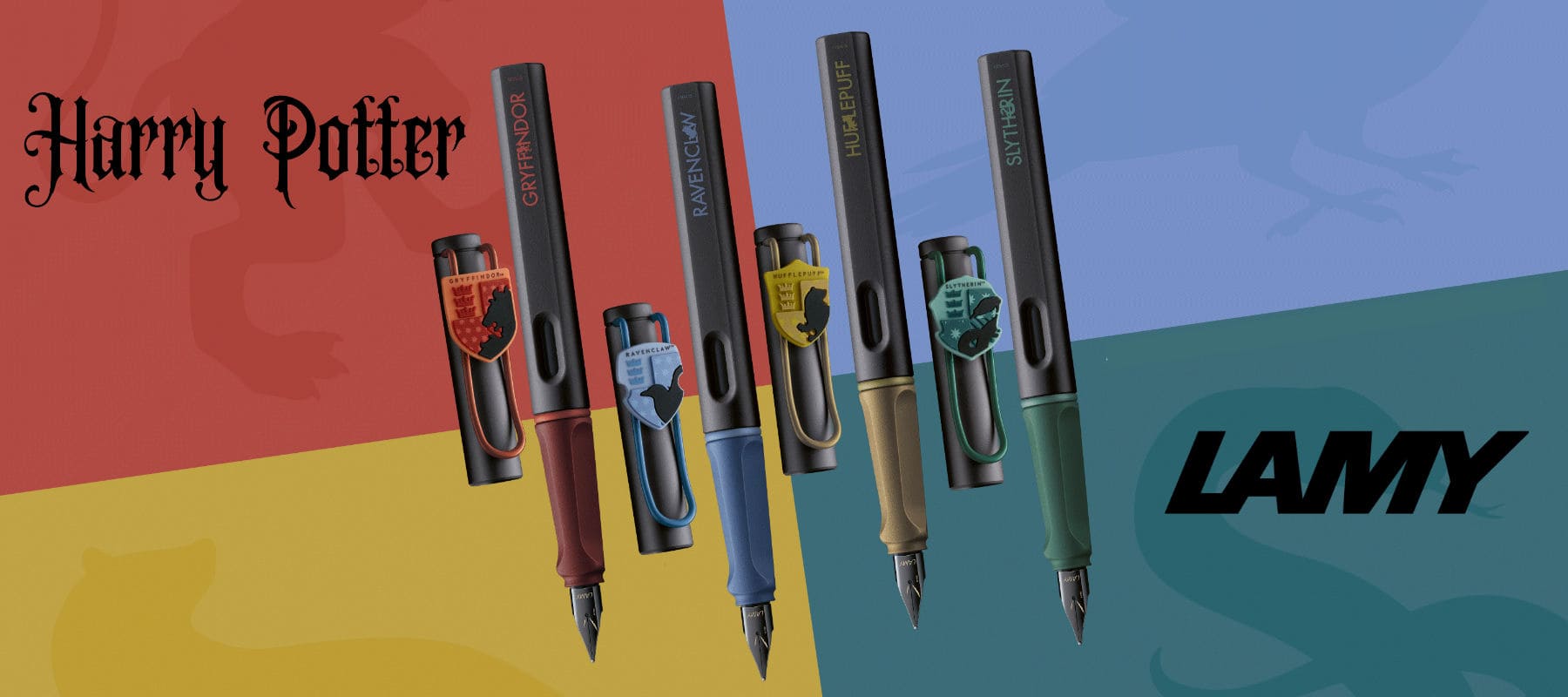 die vier Fuellhalter der LAMY safari Harry Potter Special Edition vor vierfarbigem Hintergrund mit dem Schriftzug Harry Potter und Lamy