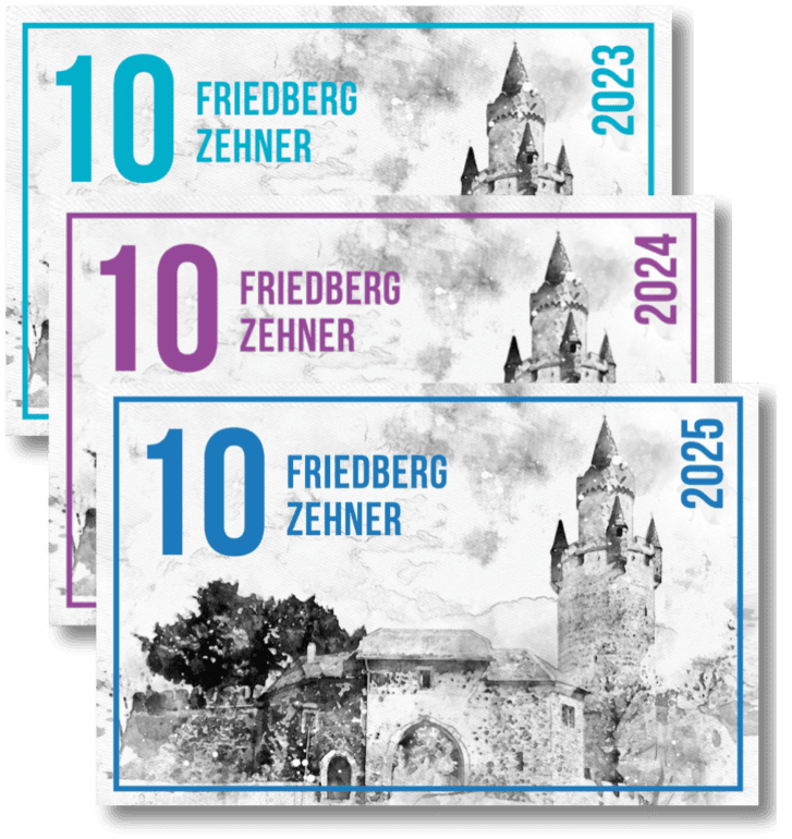 tuerkiser Friedberg Zehner 2023 versetzte auf dem violetten Friedberg Zehner 2024 auf dem blauen Fireberg Zehner 2025 gestapelt