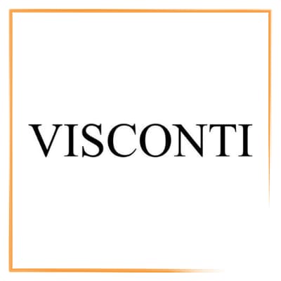 Die orange gerahmte Markenkachel von Visconti. Der Firmenname Visconti in Grossbuchstaben mit Serifen. Ein klares Statement des italienischen Schreibgeraeteherstellers.
