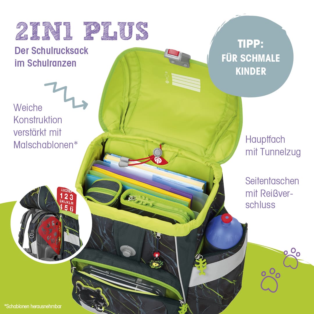 geoeffneter 2in1 Plus Schulrucksack von Step by Step mit Aufzaehlung der Vorteile: weiche Konstruktion verstärkt mit Malschablonen, Hauptfach mit Tunnelzug, Seitentaschen mit Reissverschluss. Tipp für schmale Kinder. | KönigPlus