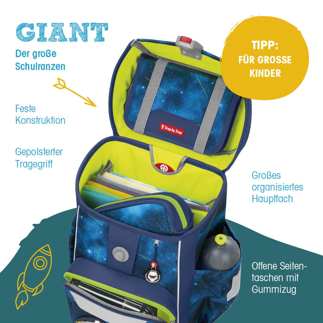 geoeffneter Giant Step by Step Schulranzen mit aufgefuehrten Vorteilen: feste Konstruktion, gepolsterter Tragegriff, grosses organisiertes Hauptfach, offene Seitentasche mit Gummizug. Tipp für grosse Kinder