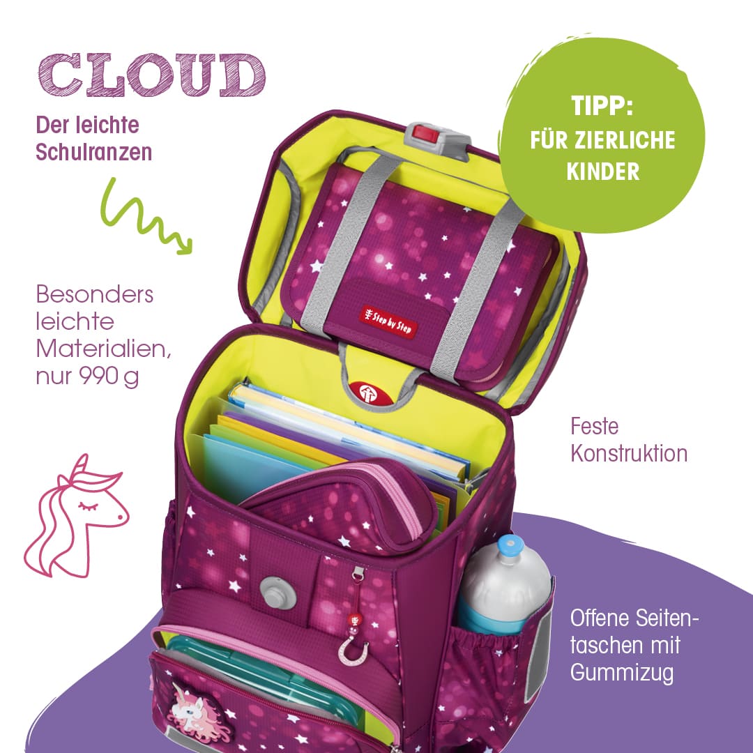ein geoeffneter Cloud Step by Step Ranzen mit aufgezaehlten Vorteilen: besonders leichte Materialien nur 990g, feste Konstruktion, offene Seitentasche mit Gummizug. Tipp für zierliche Kinder| KönigPlus
