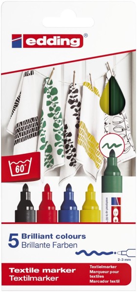 Edding 4500 Textilmarker creative - Rundspitze, 2-3 mm, 5er Set basic colours