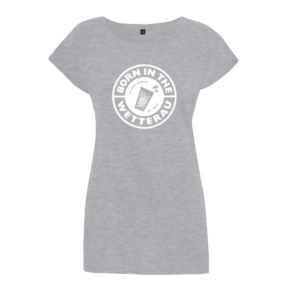graues Damen T-Shirt mit weißem großem Born in the Wetterau Schriftzug auf der Vorderseite