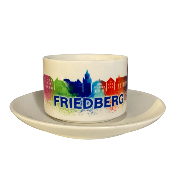 Friedberg Souvenirs Tasse mit Untertasse Skyline der Sehenswürdigkeiten in Regenbogenfarben