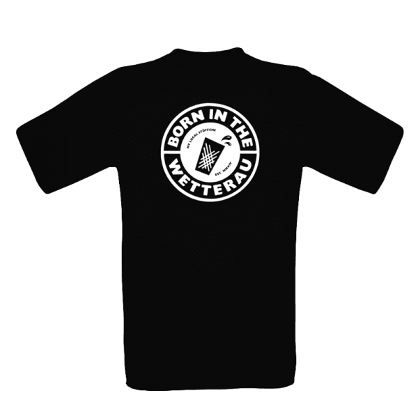 schwarzes Kinder T-shirt mit großem weißem BITW-Logo auf der Vorderseite