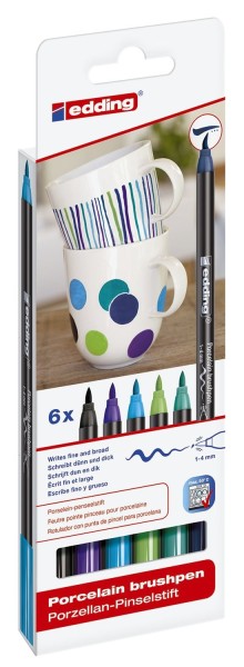 Edding 4200 Porzellan-Pinselstift - 1 - 4 mm, cool colour Set, 6 Farben sortiert
