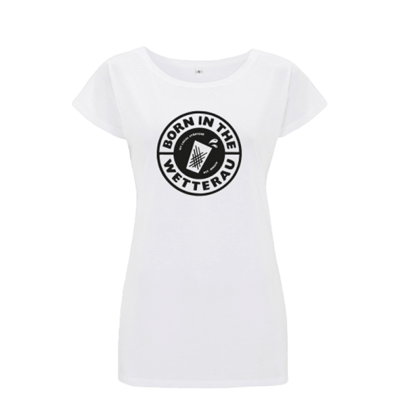 weißes Damen T-Shirt mit schwarzem großem Born in the Wetterau Schriftzug auf der Vorderseite